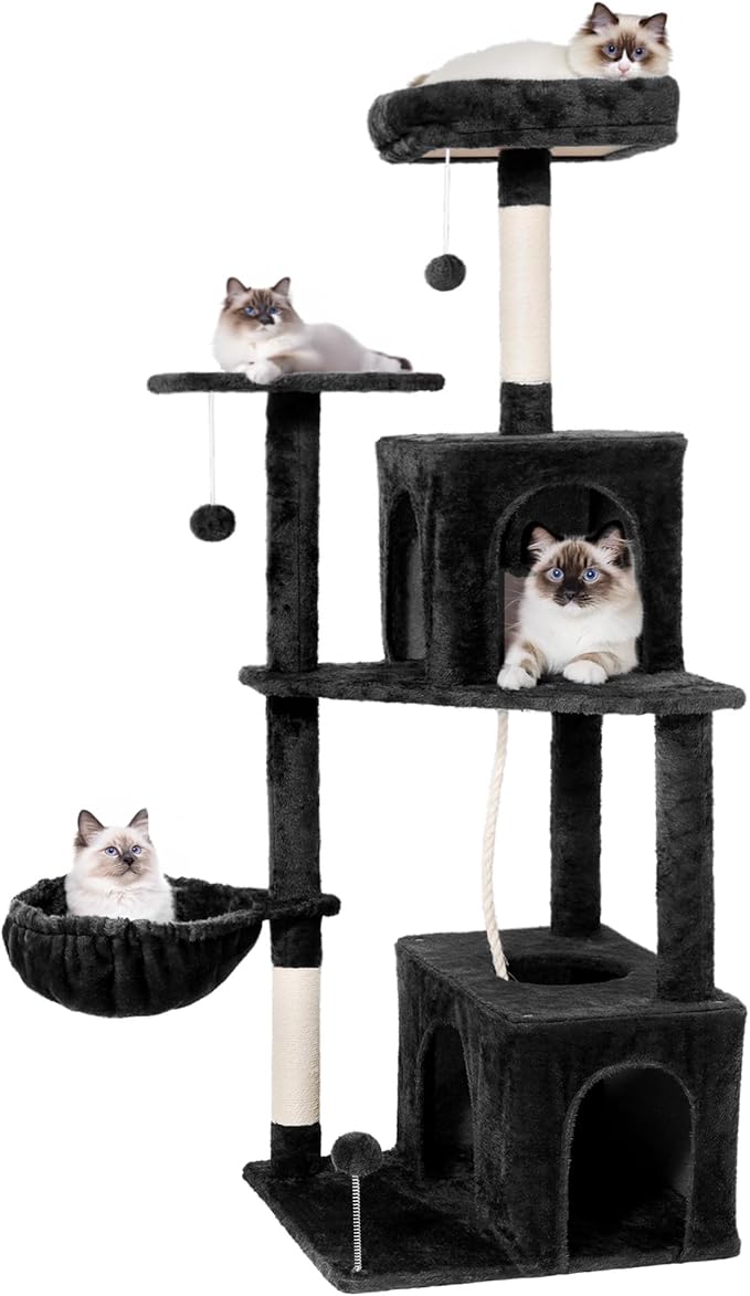 Cat Tree, 54-Inch Cat Tower for Indoor Cats,Plush Multi-Level Cat Condo with Scratching Posts, Basket, Perches,2 Caves,2 Pompoms(Black)