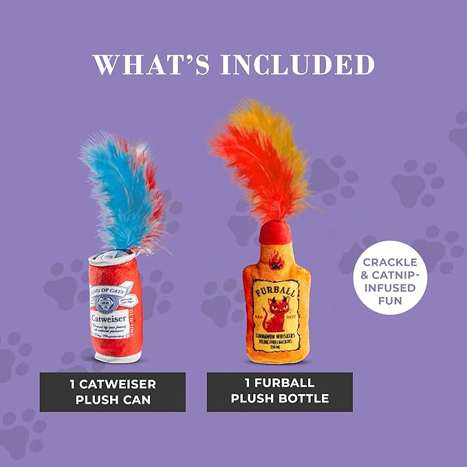 Catweiser + Furball Catnip Toys, Soft Plush Cat Toys Catnip Filled with Interactive Crackle Sound & Feathers, Safe & Durable Toy for Cats & Kitten, 2 Pcs