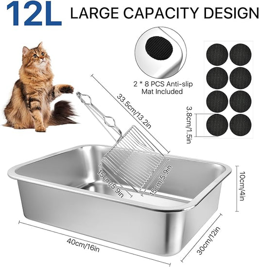 Stainless Steel Cat Litter Box, 16 x 12 x 4 Large Litter Box, Non Stick Kitty Litter Pan with Metal Litter Scoop and Anti Slip Stickers for Kitten, Guinea Pig and Rabbit