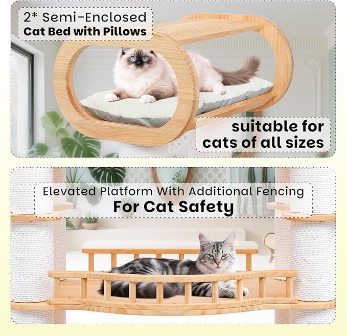 77" Tall Large Cat Tree,Solid Pine Wood Multi-Level Modern Cat Tower with Sisal Scratching Posts,Cat Condo and Removable Washable Cushions,Luxury Huge Cat House for Indoor Cats Large Adult