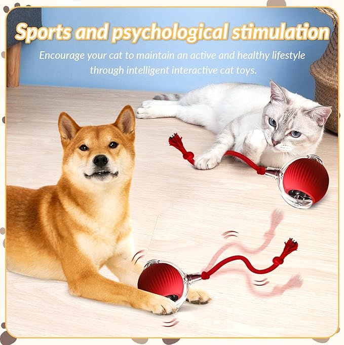 Interactive Cat Toys Ball,2025 New Upgrade Smart Automatic Moving Cat Toys, ElectricI Interactive Rolling Ball for Dog&Cat Indoor Activity.(red)