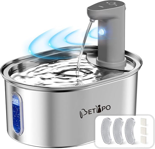 Wireless Cat Water Fountain Stainless Steel, 108oz/3.2L Cat Fountain Battery Operated, Cordless Water Fountains for Cats Indoor Drinking with Motion Sensor，Pet Water Dispenser with 3Filters + 3Sponge