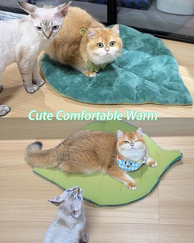 Cat Mat Self Warming Cat Bed 26"x20" Leaf Shaped Cotton Soft Warm Pet Pad Blanket for Indoor Bed Couch Sofa Floors Cat and Dog Warm Mattress (Green)