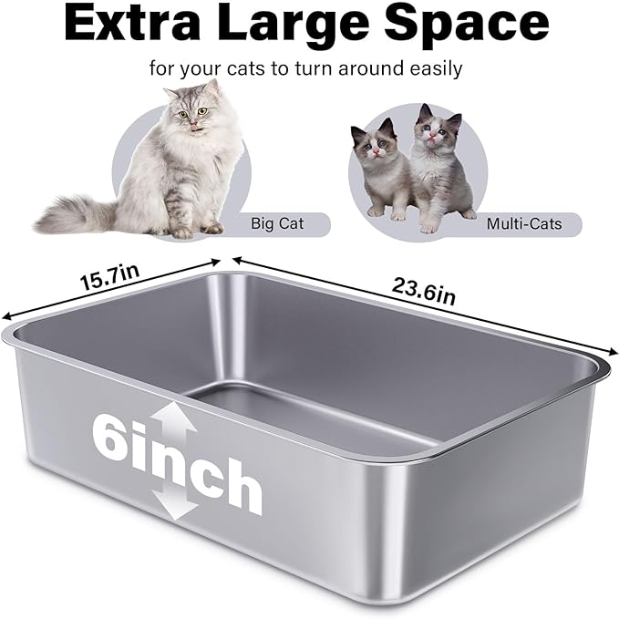 Stainless Steel Litter Box 2 Pack, 23.6" X 15.7" X 6" Steel Litter Box XL No Smell, Extra Large Metal Litterbox for Big Cat, Multiple Cats, Non Stick, Easy Cleaning