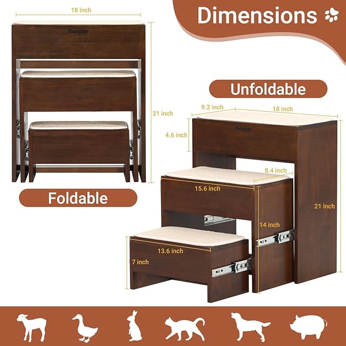 Dog Steps for Bed, 21 Inch Foldable Pet Stairs, Wooden Furniture Style Cat Stairs for Couch, No Installation 3 Tier