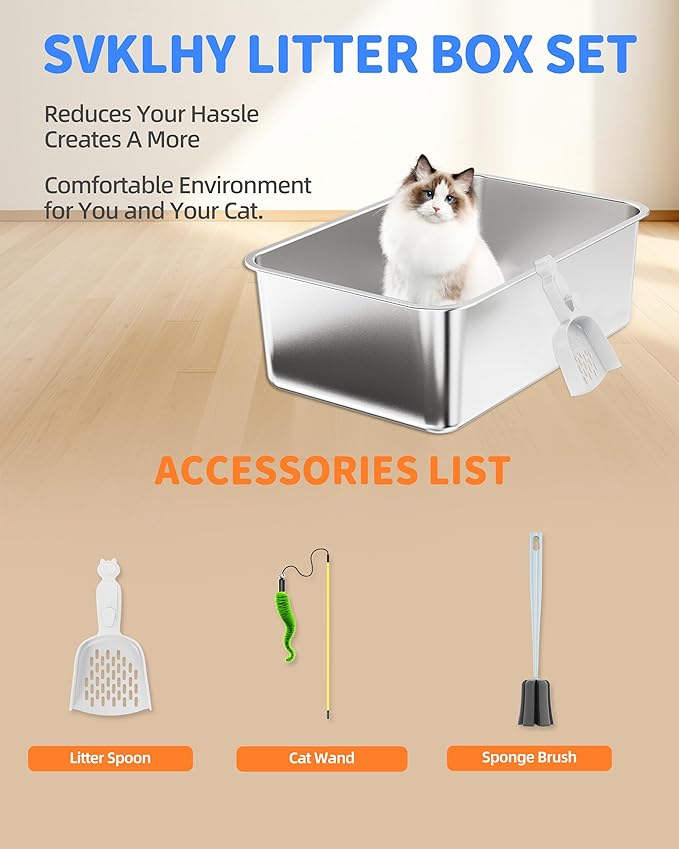 Stainless Steel Litter Box Set- [4-in-1] Cat Litter Box with Litter Scoop, Brush, Cat Wands, Non-Sticky Metal Litter Box for Cat, Kitty, Rabbit, Odorless, Easy Clean (17.7” x 13.8“ x 6”, 1 Pack)