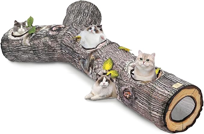 Tree Trunk cat Tunnel，Cat Tunnels for Indoor Cats, Cat Bed Tree Hole Toy with Three Channels and Leaves, Foldable & Easy to Store, Suitable for Cats and Other Small Animals to Chase and Play