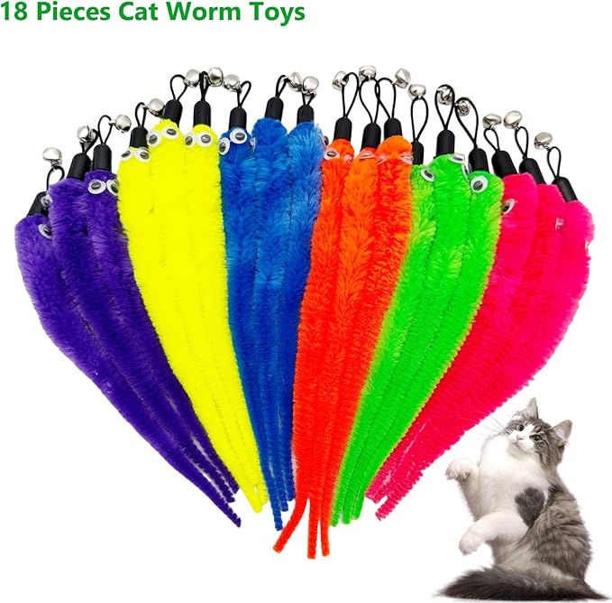 18 Pieces Cat Worm Toy Refills, Cat Toys Wand Replacement Attachments Assorted Worm Toy for Indoor Cats