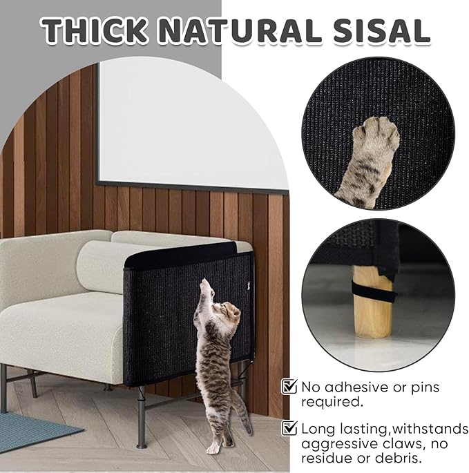 NATUYA Cat Scratch Couch Protector, Sisal Furniture Protector Cats Scratching Pad, Anti-Cat Scratch Sofa Armrest Couch Protective Shield with Pocket (Black, Fit Left or Right)