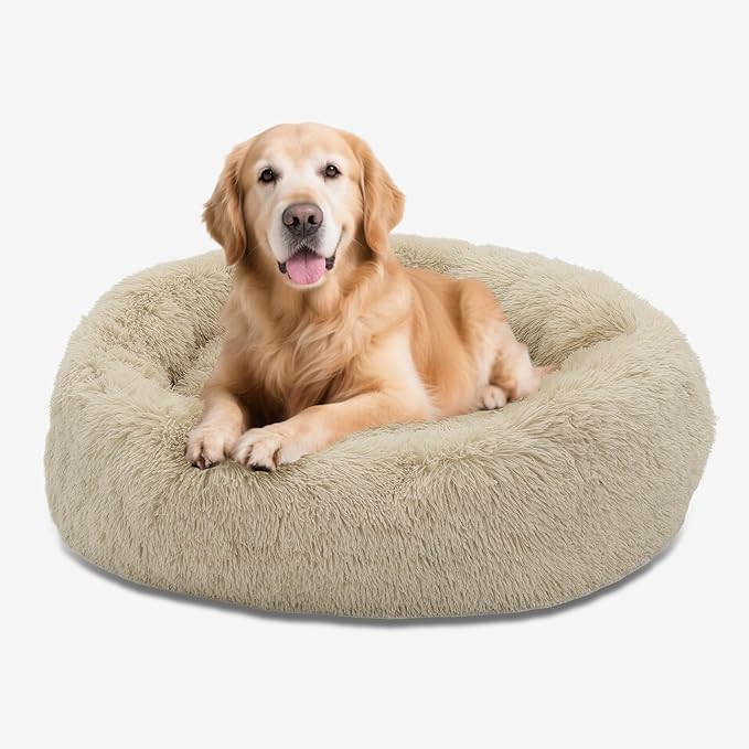 Athena Collection Washable Dog Bed Large Size Dog, Cat Bed for Indoor Cats, 36 Inches Fluffy Faux Fur Round Pet Bed Calming Cozy Soft Warming Donut for Large Size Pet, Beige