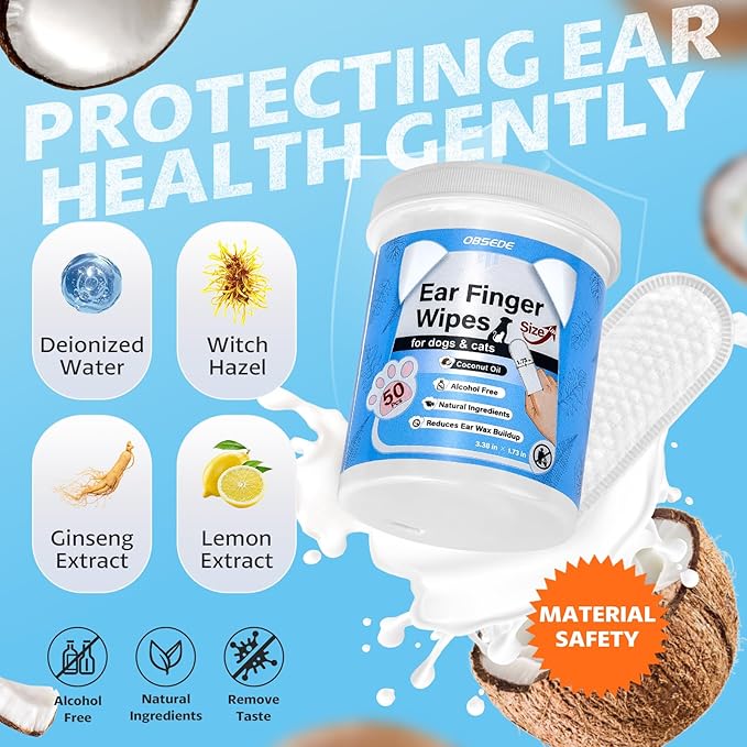 OBSEDE Extra Large 1.73" Dog Ear Wipes & Cat Ear Cleaner – Wider Finger Wipes for Quicker Easier Cleaning Soothes Itch Controls Odor Reduce Wax Regular Grooming Gentle Coconut Scent, 50 Count