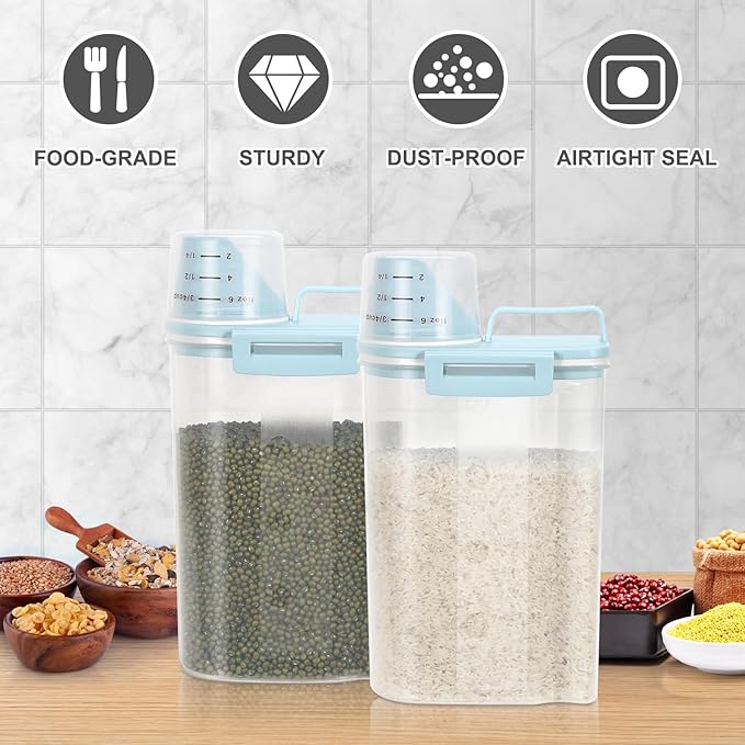 TBMax Rice Storage container 4 Lbs, Small Rice Dispenser with Measuring Cup, Blue Cereal Containers Flour Bin, Kitchen Food Storage Container and Pantry Organizers, Pet Dog Cat Food Dispenser