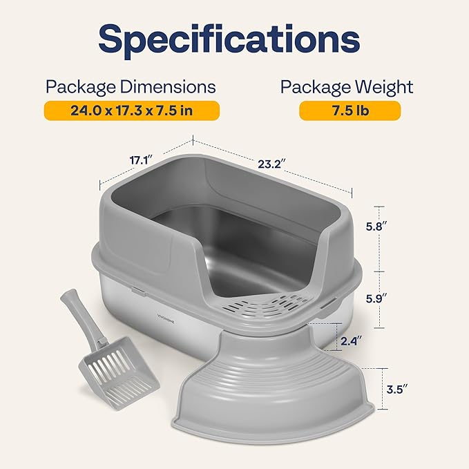 VIVOHOME XL Stainless Steel Cat Litter Box with Cover and Steps, 23'' x 17'' x 12'' Large Metal Litter Box for Cats with Scoop, Easy to Clean, Non-Slip, Ideal for Big or Multiple Cats, Light Gray