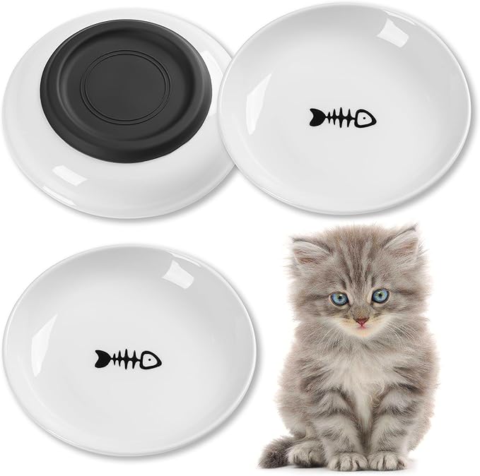 5.9 inch Ceramic Cat Bowls,Wide&Shallow Dishes,Whisker-Friendly Plates with Non-Slip Silicone Bottom, Healthy Pet Feeding Bowls indoor-10oz,3pack