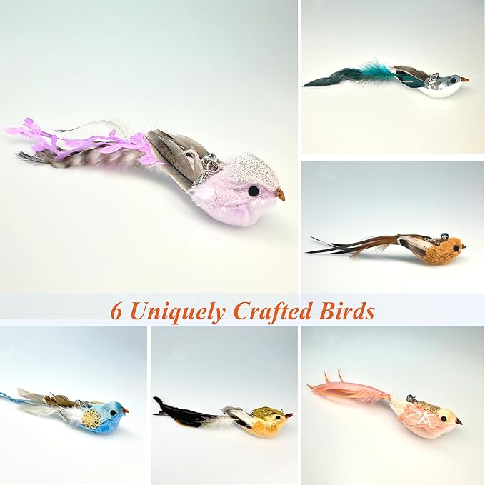 6 PCS Realistic Bird Cat Wand Attachment Toys–Handcrafted Feather Toys for Interactive Indoor Play–Engaging Cat Accessories Ideal for Wands Toy Refill & Home Décor