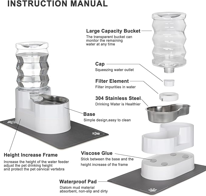 RIZZARI Pet Waterer Gravity Dispenser: White 7L Raised Bowl Feeder - Stainless Steel Anti-Leak Design - for Cats/Dogs Travel