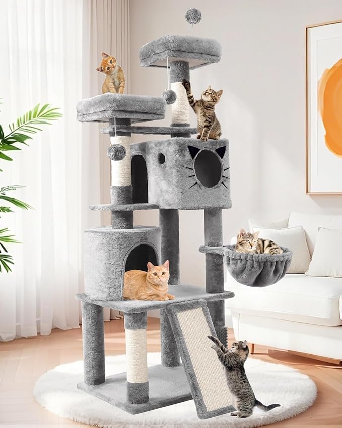 66in Multi-Level Large Cat Tree Tower for Indoor Cat/Kitties, Mordern Cat Tower with Sisal Scratching Posts, Condos and Hammock, Perches, Ramp for Climbing Heavy Duty