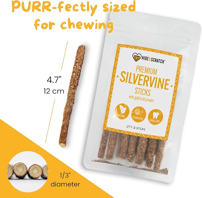 Hide & Scratch Premium Silvervine Sticks for Cats with Gall Fruit Powder for Extra Potency; Cat Enrichment Cat Chew Toy and Dental Sticks - More Effective Than Catnip Toys! (3 Packs of 12)