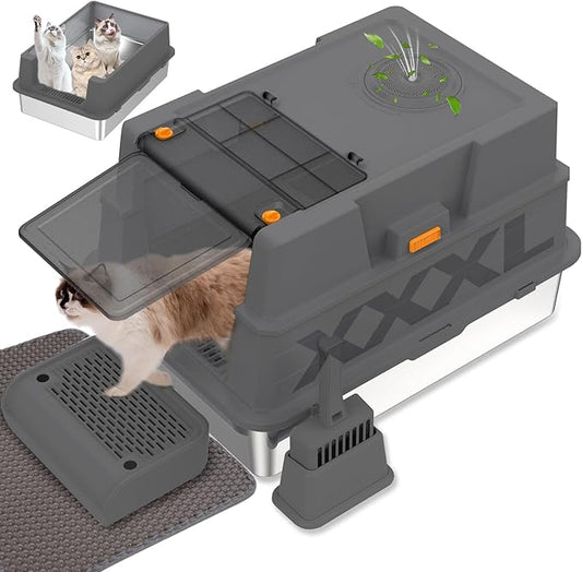 XXXL Stainless Steel Litter Box with Lid,XXXL Enclosed Metal Cat Litter Box for Big Cats,Multiple Cats,with Litter Scoop & Foot Pedal & Litter Mat,Odor Control,Easy Cleaning