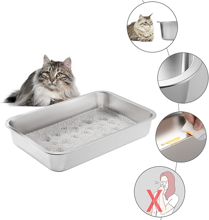 Yangbaga Stainless Steel Litter Box for Cat and Rabbit,Odor Control Litter Pan,Non Stick Easy to Clean,Never Bend,Rust Proof High Sides Non Slip Rubber Feets (4 Inches Deep, 24'' x 16'' x 4'')