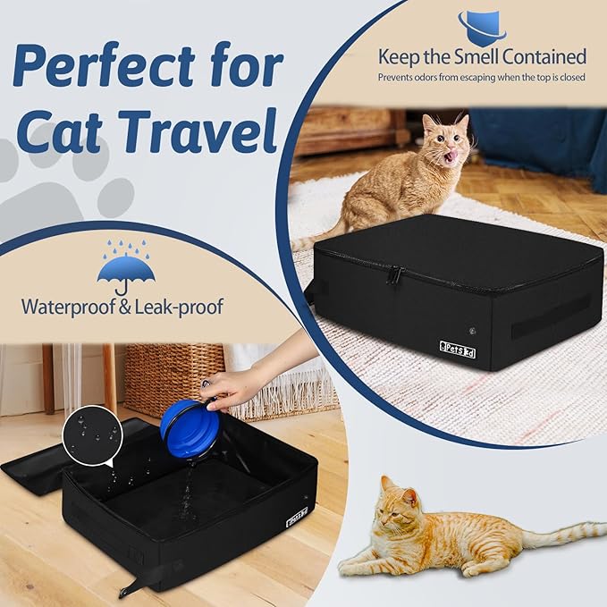 Petskd Portable Cat Travel Litter Box with Lid and 10 pcs Disposable Liner Bags, Leak-Proof and Collapsible, Cat Travel Essentials for Car, Hotel, Airplane and Other Outdoor Use(Black)