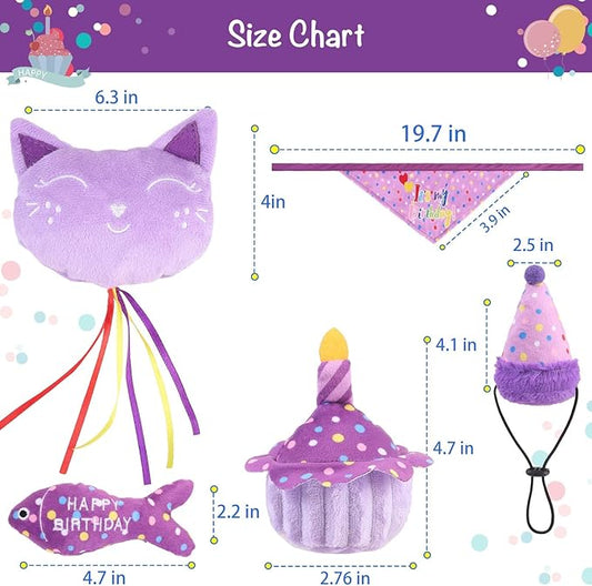 BINGPET Cat Birthday Catnip Toys for Indoor Cats,Cat Birthday Hat,Bandana and Cat Birthday Cake Interactive Plush Kitten Chew Toys,Cute Fish,Balloon Toys with Crinkle Paper and Catnip Inside(Purple)