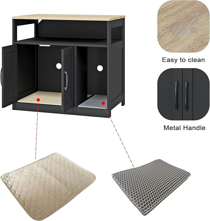 Cat Litter Box Enclosure,2-Tier Hidden Litter Box Furniture with Open Storage Shelf,Wooden Cat Washroom Indoor, Freestanding Cabinet for Living Room,Hallway,Black