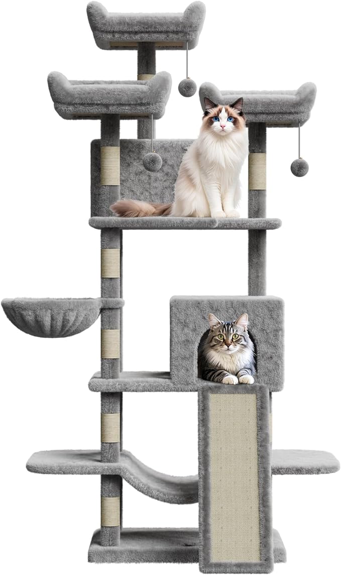 68.5 Inch Multi-Level Cat Tree, Plush Cat Tower with Condo/Sisal Scratching Posts/Hammocks/Basket/Dangling Ball/Platform, Heavy Duty Cats Tree to Play and Sleep, 2605#Light Grey