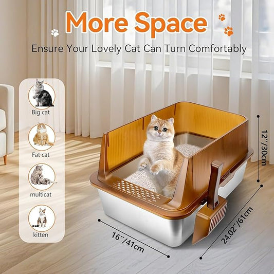 Stainless Steel Cat Litter Box, 23.6" x 15.7” x 11.8” Extra Large Semi Enclosed Litter Box for Big Cats High Sided Metal & Scoop Absorbs Odors, Anti-Urine Leakage, Non-Sticky & Easy Cleaning