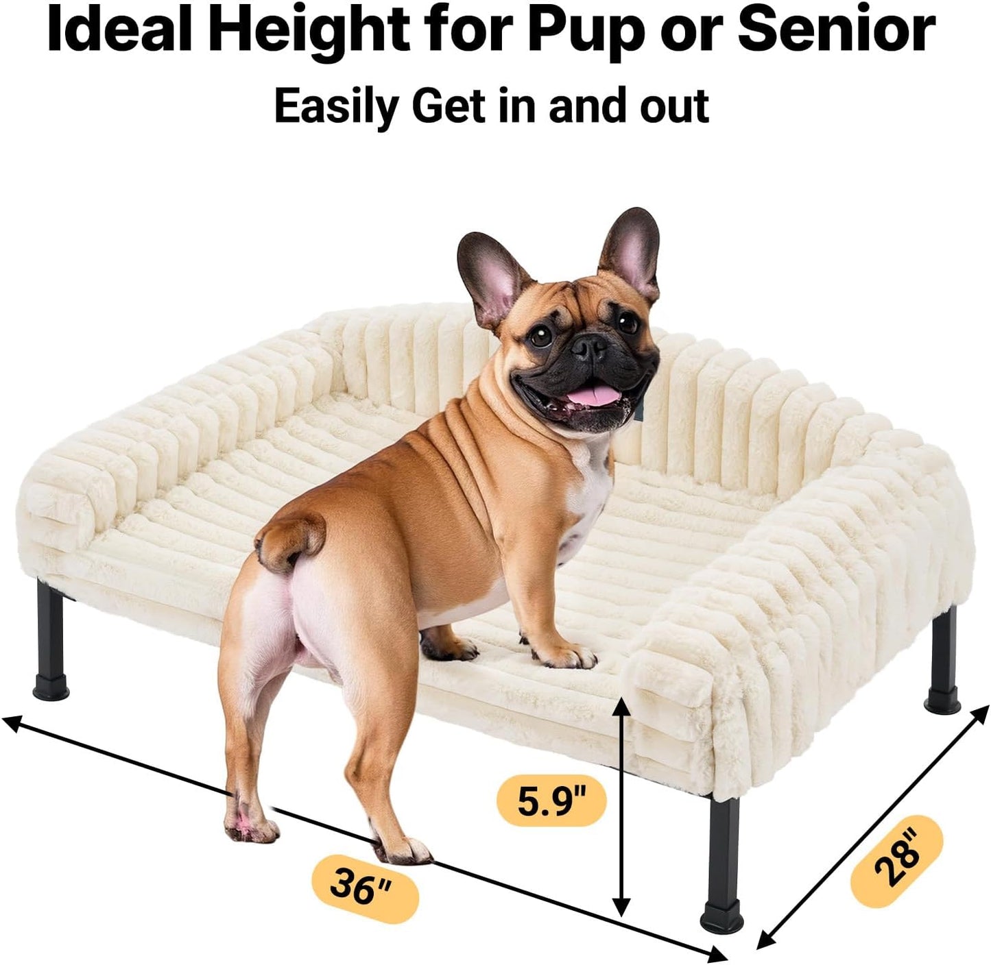 Veehoo Elevated Dog Bed with Bolster Cushion, Fluffy Plush Dog Couch Beds for Small Dogs, Cats, Washable Raised Pet Cot with Non-Slip Feet for Indoor or Patios Use, 36 x 28 Inches, White