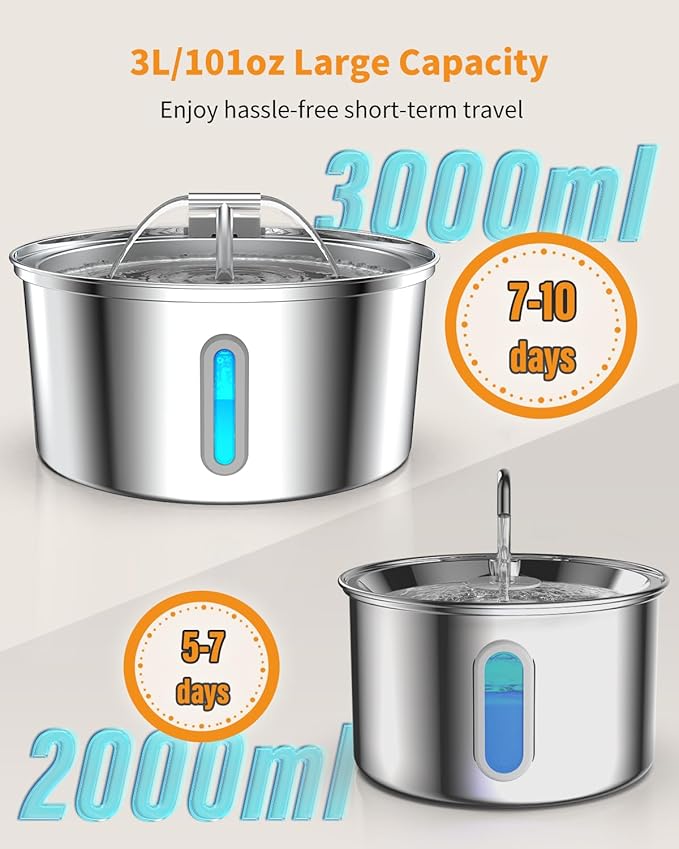 Cat Water Fountain Stainless Steel, 0.8gal/108oz Pet Water Fountain, 3 Replacement Filters, Automatic Cat Fountain with Quiet Pump Suitable for Cats, Dogs and Multi-pet households (Window)