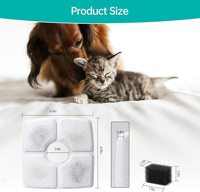 12-Pack Cat Water Fountain Filter Replacement & 12-Pack Pre-Filter Sponges for Square 84oz/2.5L Automatic Cat Fountain Dog Water Dispenser, Triple Filtration System Activated Carbon for Pet Fountain