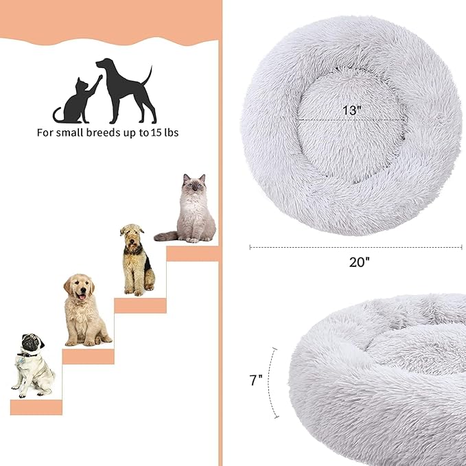 Cat Beds for Indoor Cats - Cat Bed Washable 20/24 inches, Dog Beds for Small Medium Dogs, Anti Anxiety Round Fluffy Plush Faux Fur Pet Bed, Thick Bottom (Light Grey, Medium)