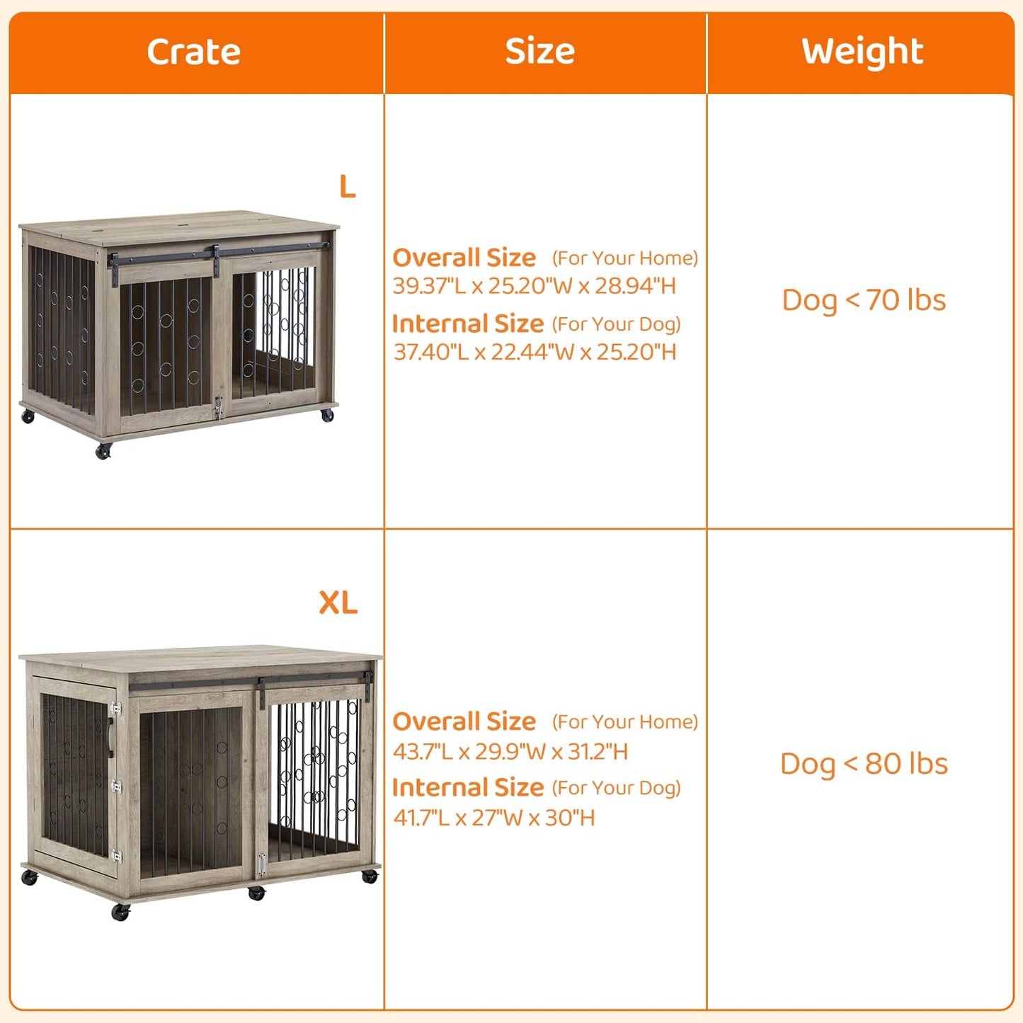 IchbinGo Large Dog Crate Furniture with Sliding Barn Door, 43.7" Wooden Dog Kennel End Table with Wheels and Flip-top Plate Dog House with Detachable Divider for Small/Medium/Large Dog (Rustic Grey)