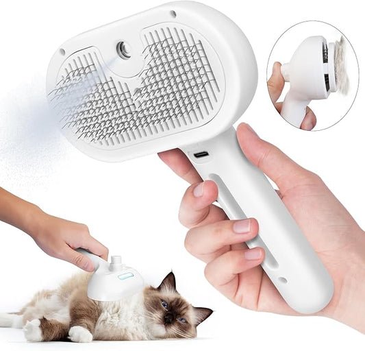 Cat Steam Brush, 3 In 1 Steamy Cat Brush with Release Button and Tank, Anti-Static Pet Spray Hair Removal Comb, Rechargeable Dog Steam Comb for Furry Pet