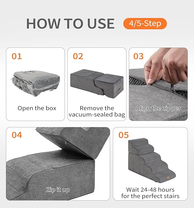 Made4Pets Dog Stairs Ramp for High Bed, 5-Step Pet Stairs for Bed Couch Sofa Climbing, 35D Foam Pet Steps for Small Dogs and Cats, Non-Slip Bottom Dog Steps, Grey