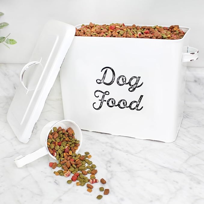 AuldHome Rustic Dog Food Canister; White Farmhouse Style Storage Bin for Small Dogs