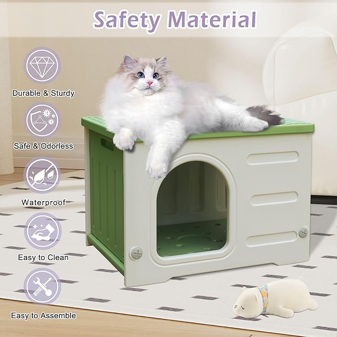 Deblue Plastic Cat House for Indoor & Outdoor, Waterproof Feral Cat House with Escape Door, Sturdy Pet Shelter for Cats, Puppy, Rabbit, Easy to Assemble and Clean-Green