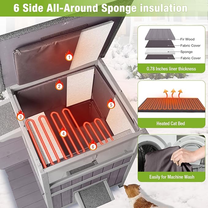 GUTINNEEN Heated Outdoor Cat House with Insulated Liner for Winter Insulated Feral Cat Shelter Waterproof Grade for Outdoor and Indoor Use,2-Story