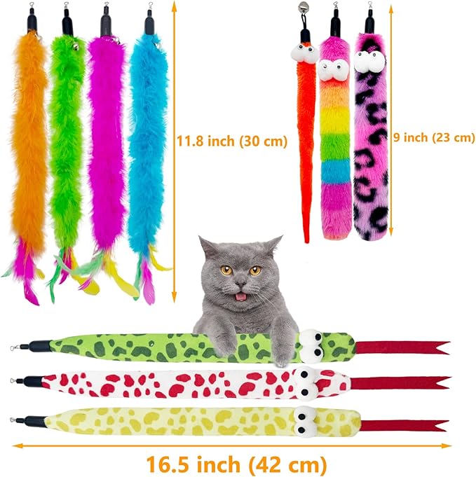 Cat Wand Replacement Feather Worm Snake, 10 Pieces Cat Wand Attachments Assorted Snakes Worms Feathers Refill Toy for Indoor Cats (B)