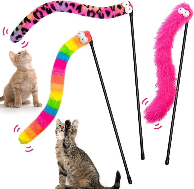 3 Pack Cat Wand Toy, Rainbow Cat Feather Toys with Bells, Teaser Wand with Soft Furry Tail, Interactive Toys for Indoor Cats & Kitten & Kitty