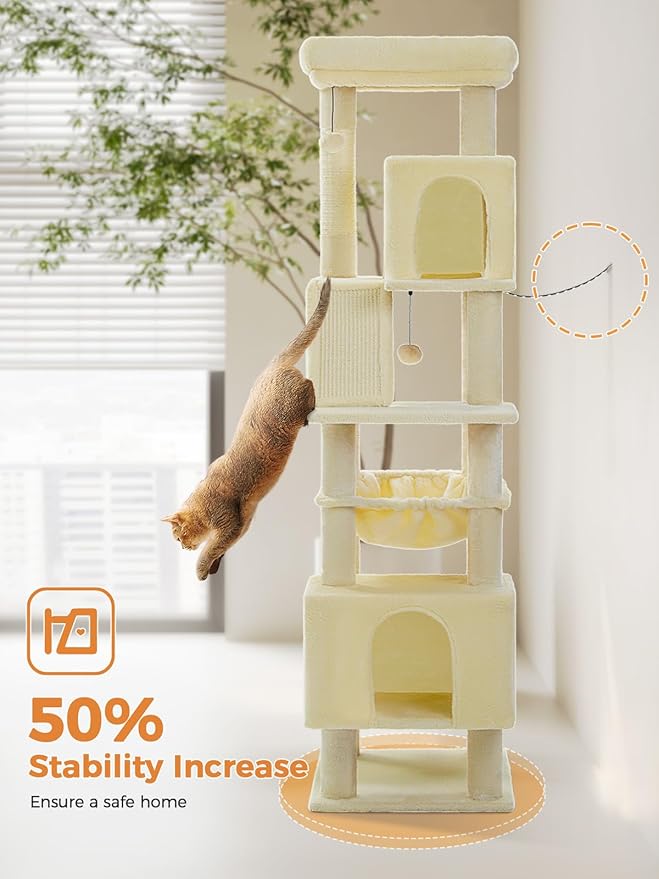 71 Inch Tall Cat Tree for Indoor Cats Large Adult, Multi-Level Cat Tower with Extra Large Hammock, 2 Cat Caves, Spacious Top Perch, Scratching Pad, Beige