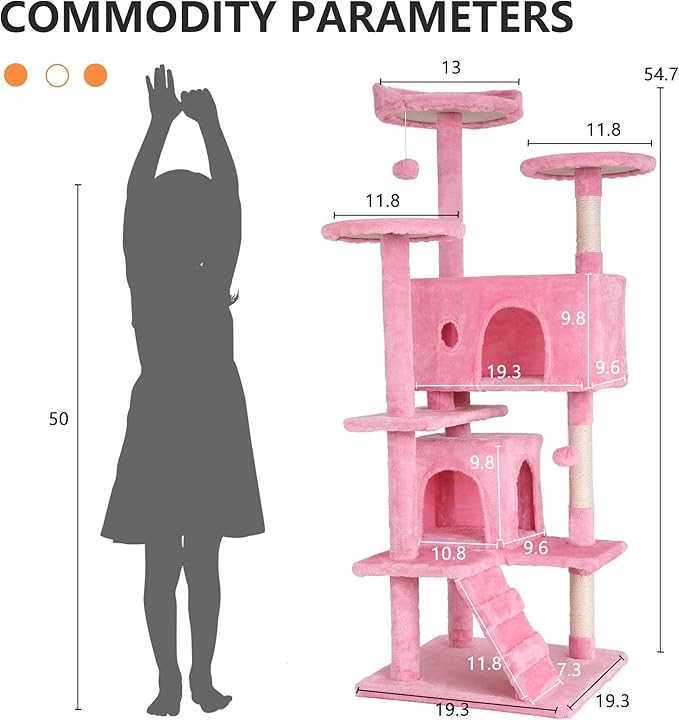 BestPet 54in Cat Tree Tower for Indoor Cats,Multi-Level Cat Furniture Activity Center with Cat Scratching Posts Stand House Cat Condo with Funny Toys for Kittens Pet Play House (54in, Pink)