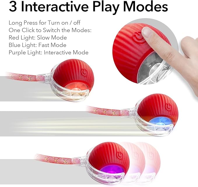 Speedy Tail Ball Toy 3.0 with 3 Play Modes, Bonus Tail, Safe Silicone Surface, Powerful Motor Moving Ball, Interactive Auto Toy for Indoor Bored Kitten & Adult Cats, USB Rechargeable (Red)