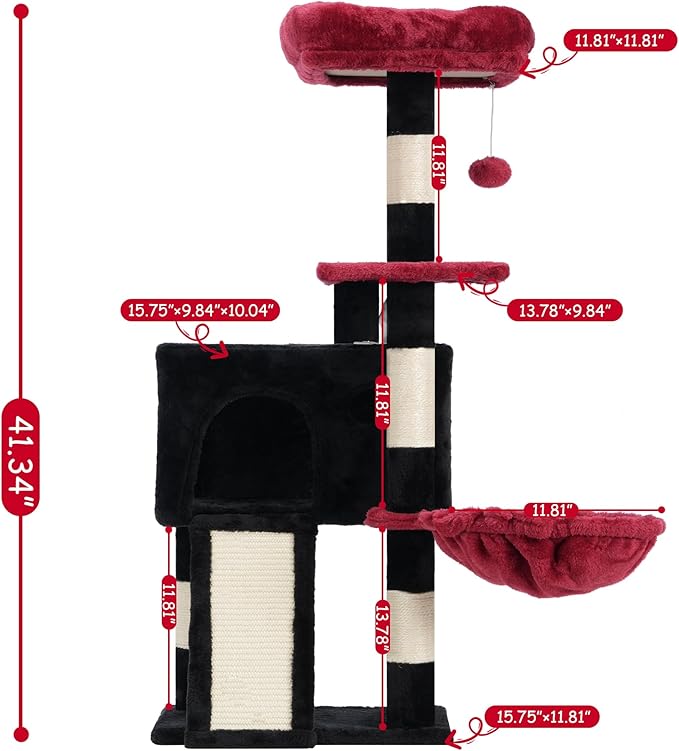 Cat Tree, 41.3" Cat Tower for Indoor Kittens with Scratching Board and Posts, Multi-Level Cozy Cat Condo with 2 Perches, Hammock, Balls, Black and Red GCT005SBR