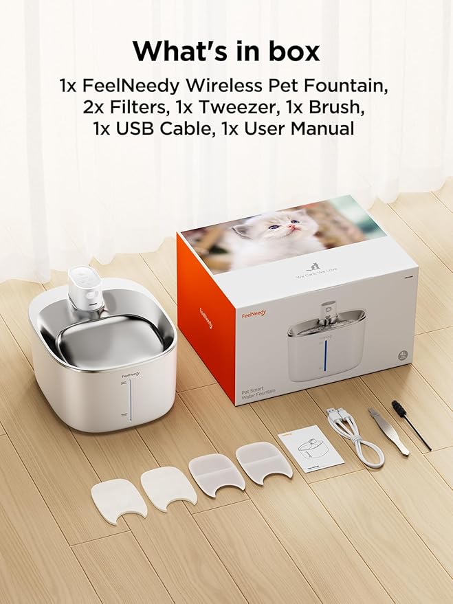 Wireless Cat Water Fountain with Sensor, 4000mAh Battery Operated, FEELNEEDY 4L/135 fl oz Pet Water Fountain for Cats and Dogs, Ultra Quiet Cat Drinking Fountain with 2 Filters (White YPD-C004P)