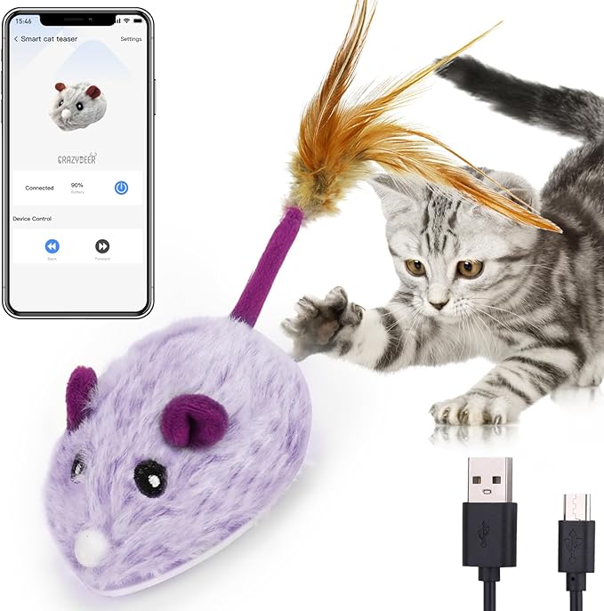APP & Bluetooth Remote Control Cat Toy - Automatic Moving, USB Rechargeable Interactive Hunting Toy for Bored Indoor Cats - Purple