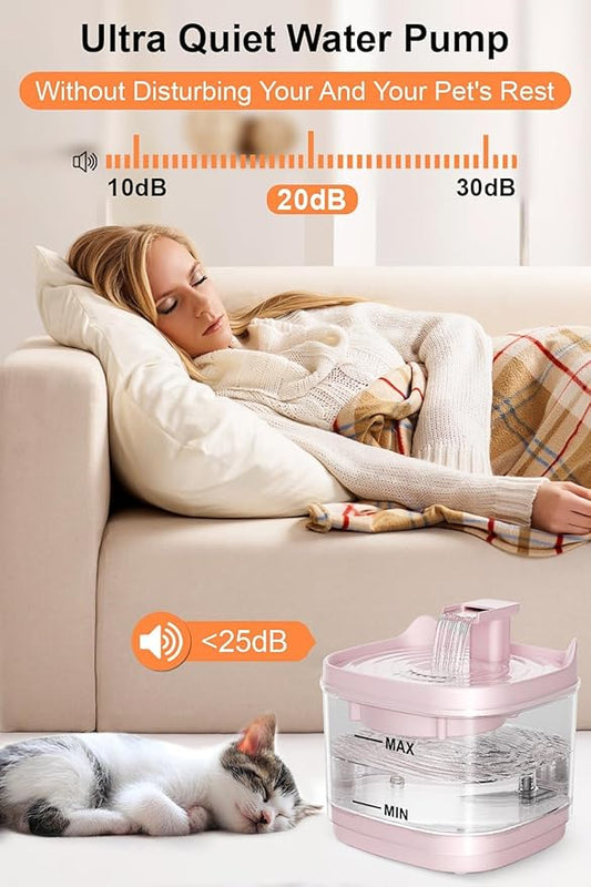 Cat Water Fountain - Quiet Pet Lndoor Water Bowl Dispenser 54oz/1.6L with Replacement Multi-Filtration(2 pcs Filters) Detachable Design Easy Cleaning - Fresh and Clean Water for Pets (Pink)