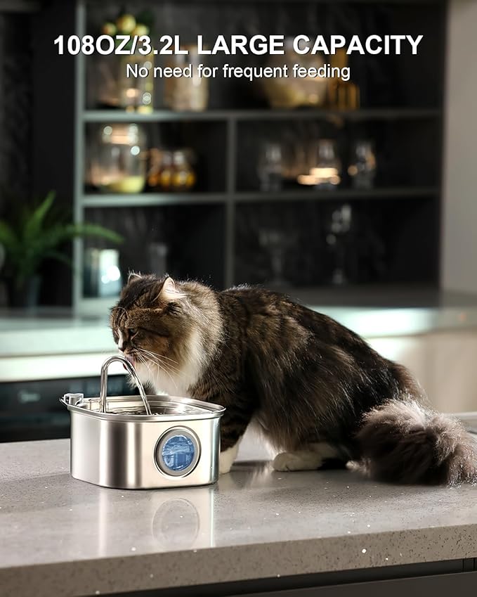 Cat Water Fountain Stainless Steel: 108oz/3.2L Automatic Pet Water Fountain - Dog Water Dispenser with Water Level Window - for Cats Inside with 4 Replacement Filters and 4 Sponges