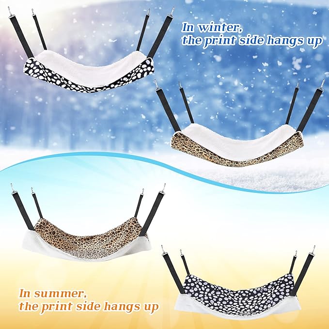2 Pieces Reversible Cat Hanging Hammock Soft Breathable Pet Cage Hammock with Adjustable Straps and Metal Hooks Double Sided Hanging Bed for Small Dogs Rabbits(Leopard and Dot,M)